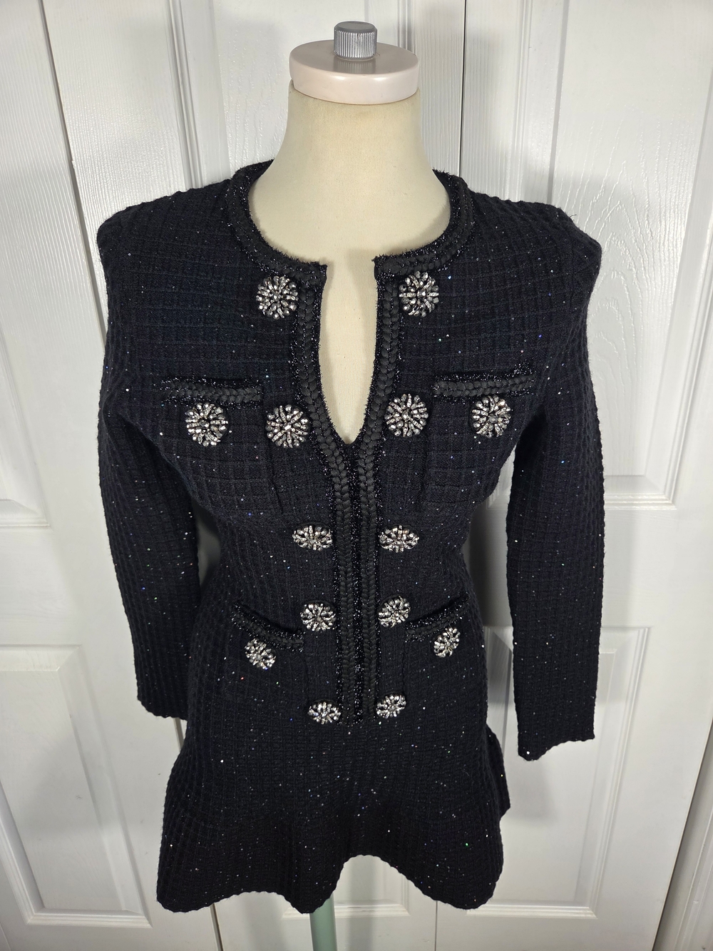 Sierra Darien Black Tweed Knit Mini Dress S Crystal Jewel Buttons Sequin